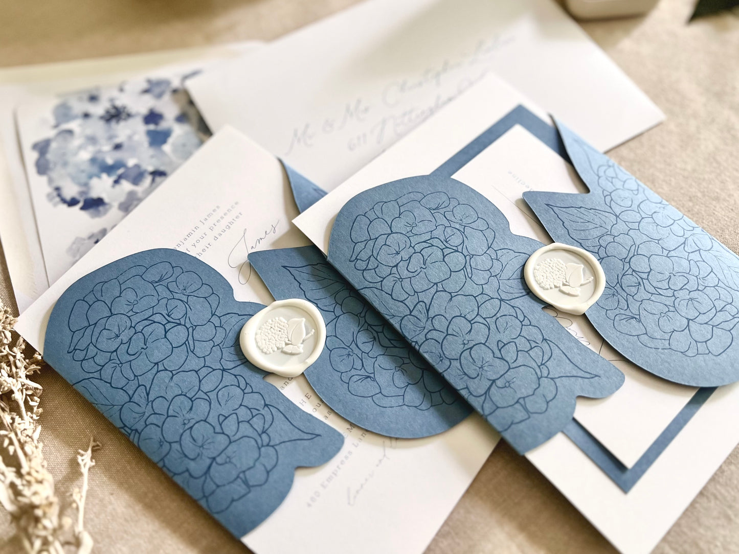 Hydrangea Wedding Invitation with Die Cut Wrap & Wax Seal