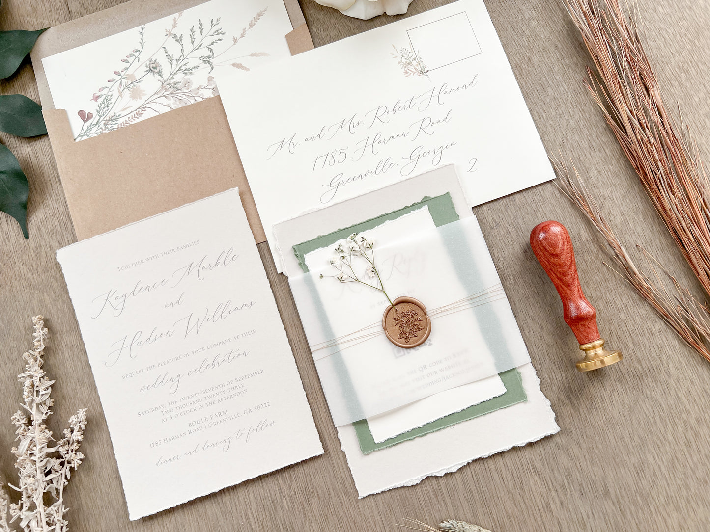 Baby’s Breath Wedding Invitation with Deckled Edging, Baby’s Breath, Vellum Belly Band and Wax Seal