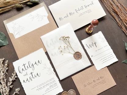Baby’s Breath Wedding Invitation with Deckled Edging, Vellum Wrap and Wax Seal