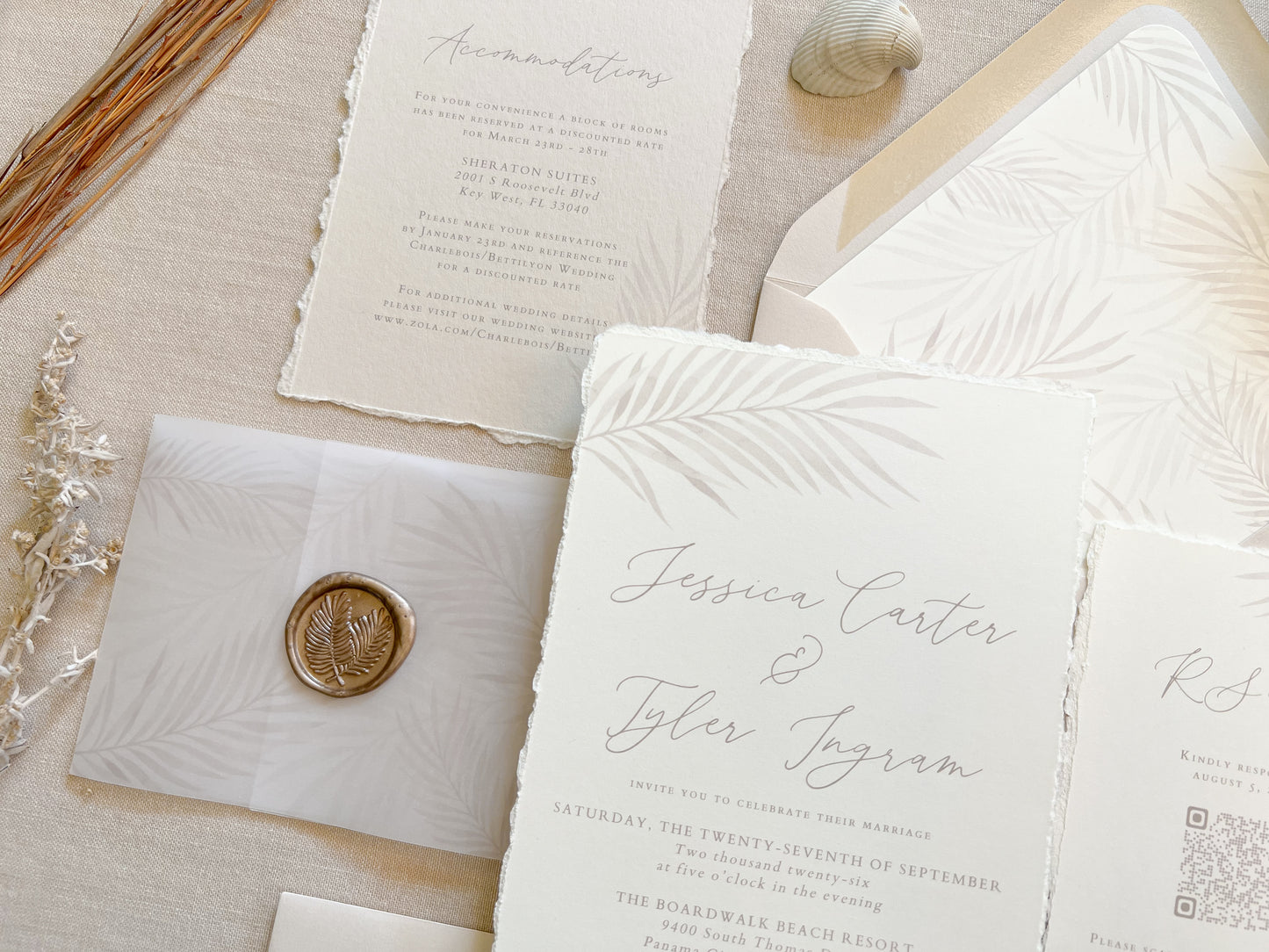 Tropical Palm Leaf Wedding Invitation with Vellum & Wax Seal