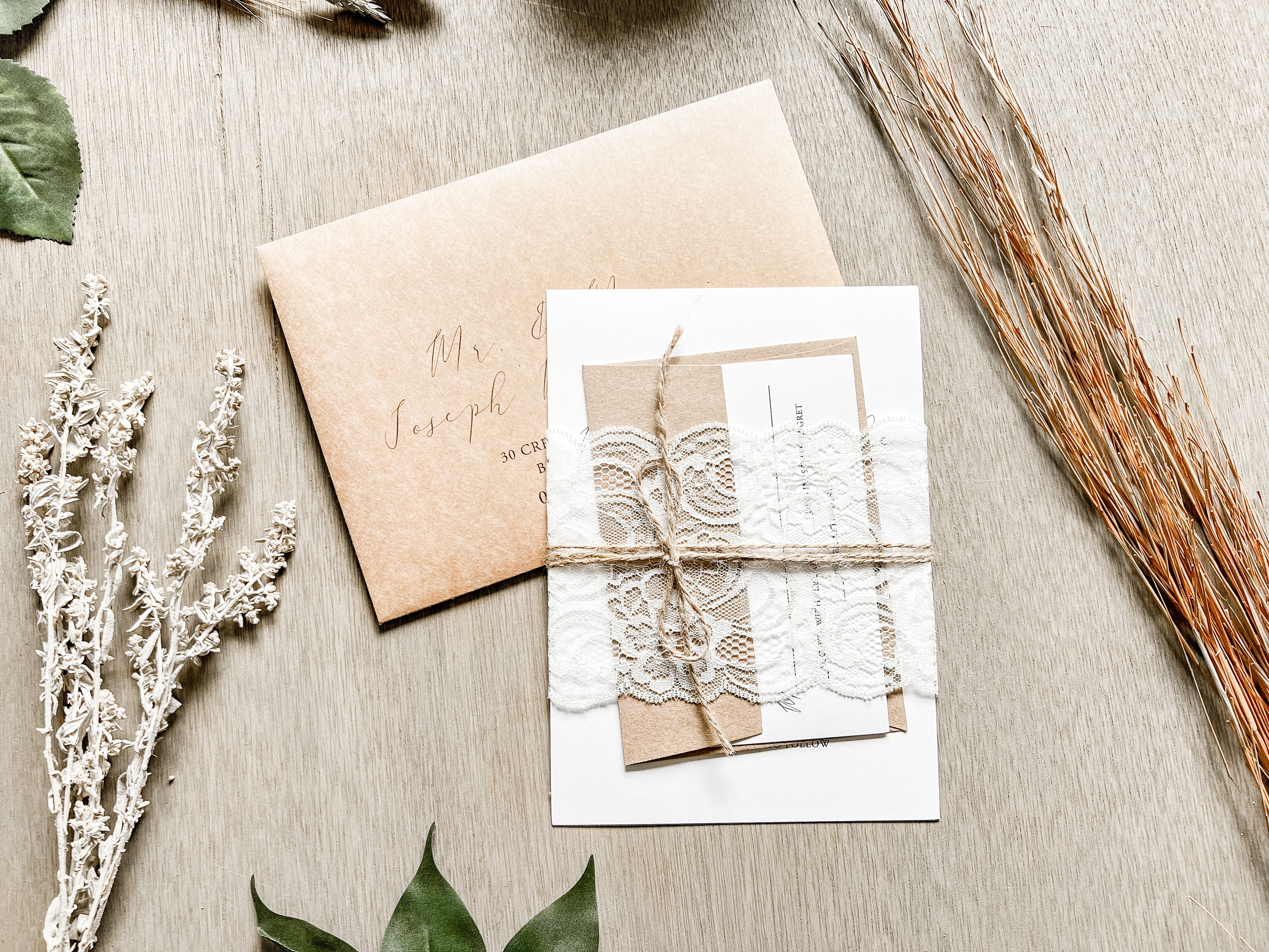 Rustic Lace Wedding Invitation with twine