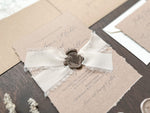 Rustic Elegant Wedding Invitation with Deckled Edging, Light Nude Chiffon Ribbon & Chocolate Wax Seal