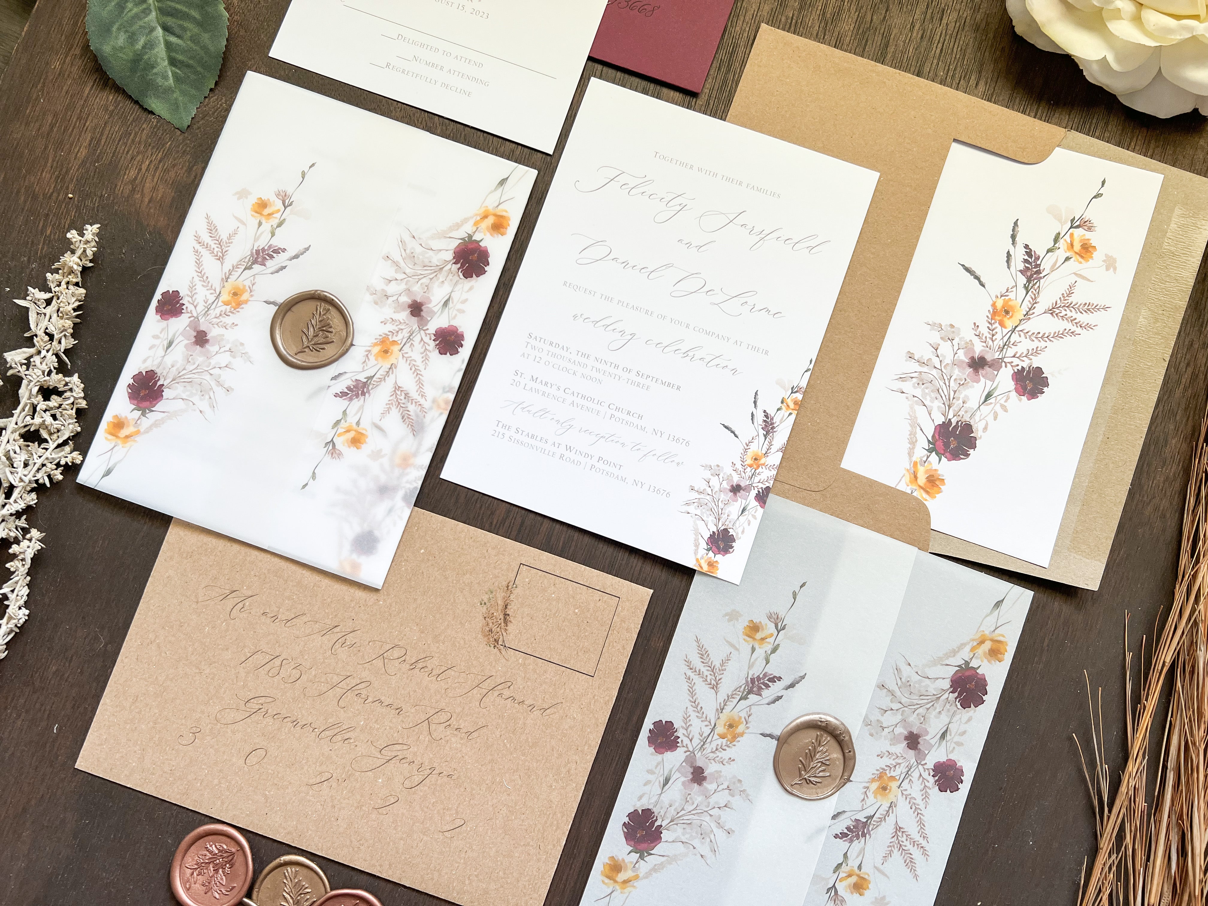 Plum and Yellow Gold Wildflower Vellum Wedding Invitation with Wax Seal