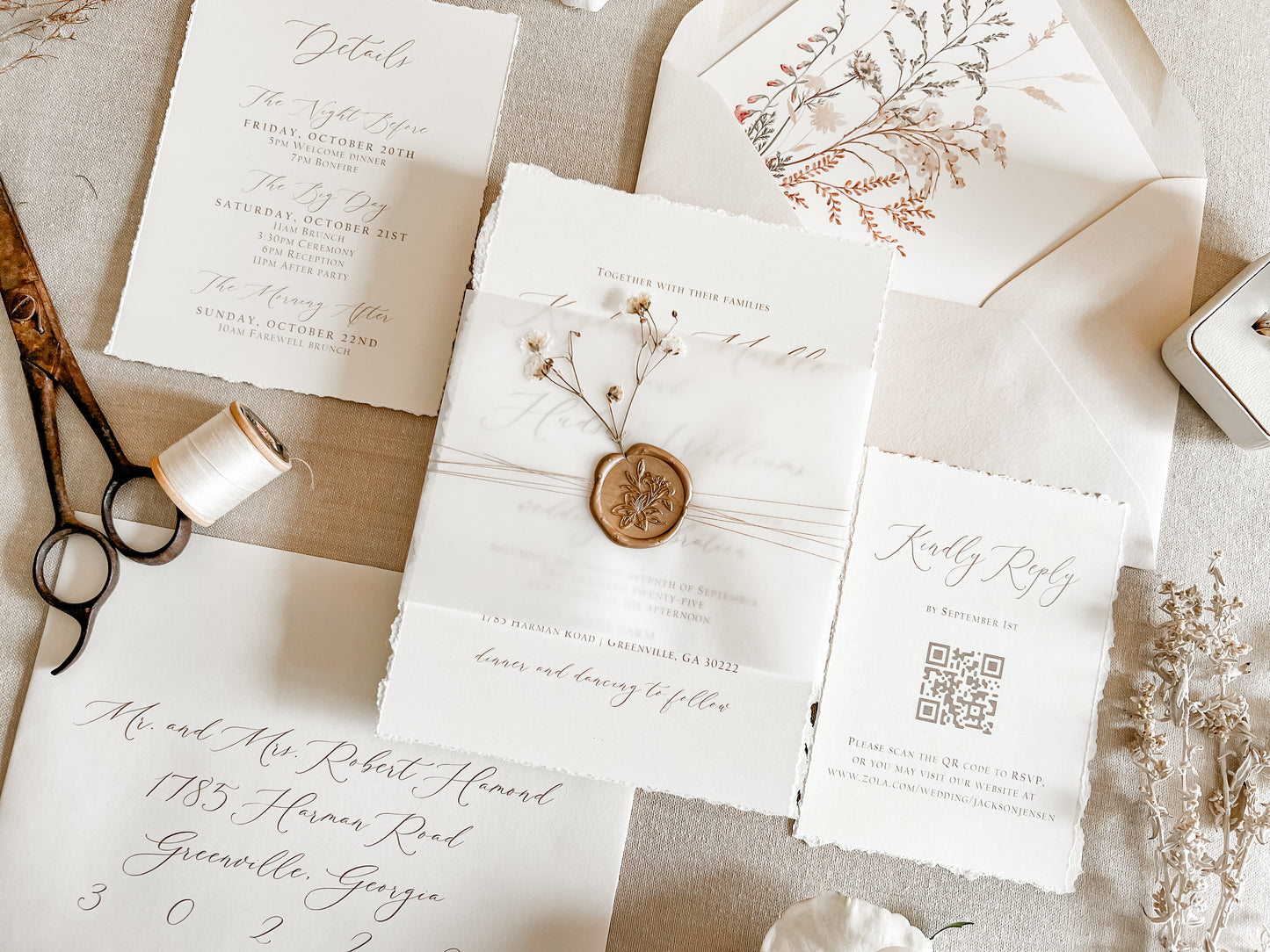 Elegant Ivory Baby’s Breath Invitation with Deckled Edging