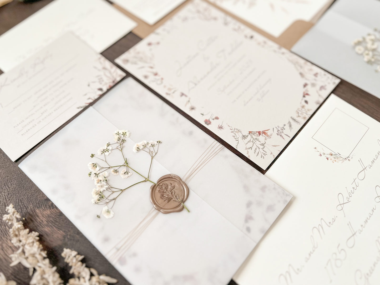 Baby’s Breath Wedding Invitation with Deckled Edging, Vellum Wrap and Wax Seal