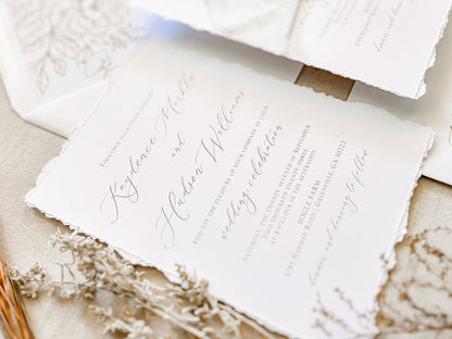 Classic Elegant Wedding Invitation with Deckled Edging, White Chiffon Ribbon & Wax Seal