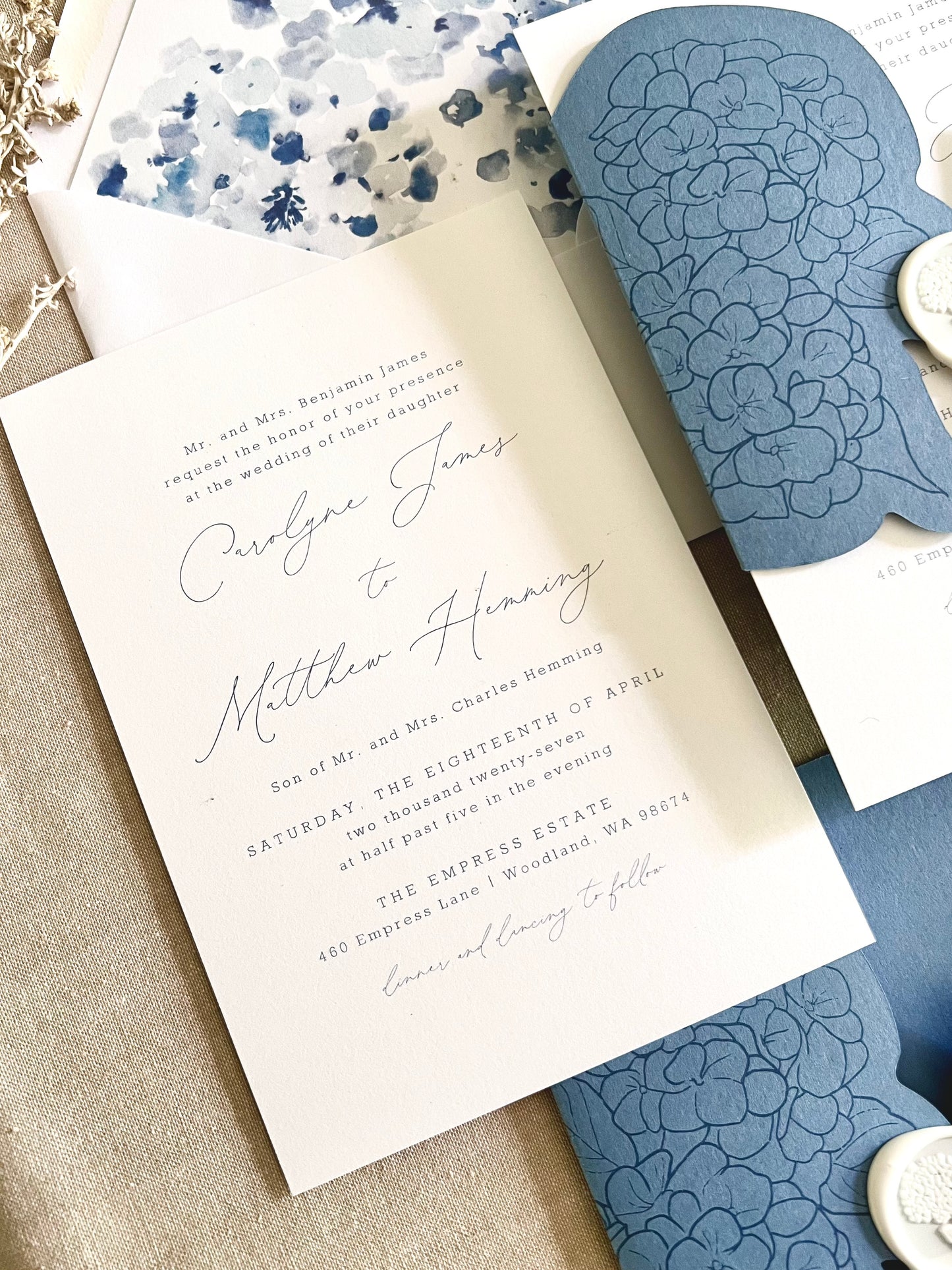 Hydrangea Wedding Invitation with Die Cut Wrap & Wax Seal