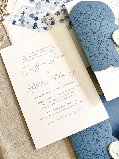 Hydrangea Wedding Invitation with Die Cut Wrap & Wax Seal