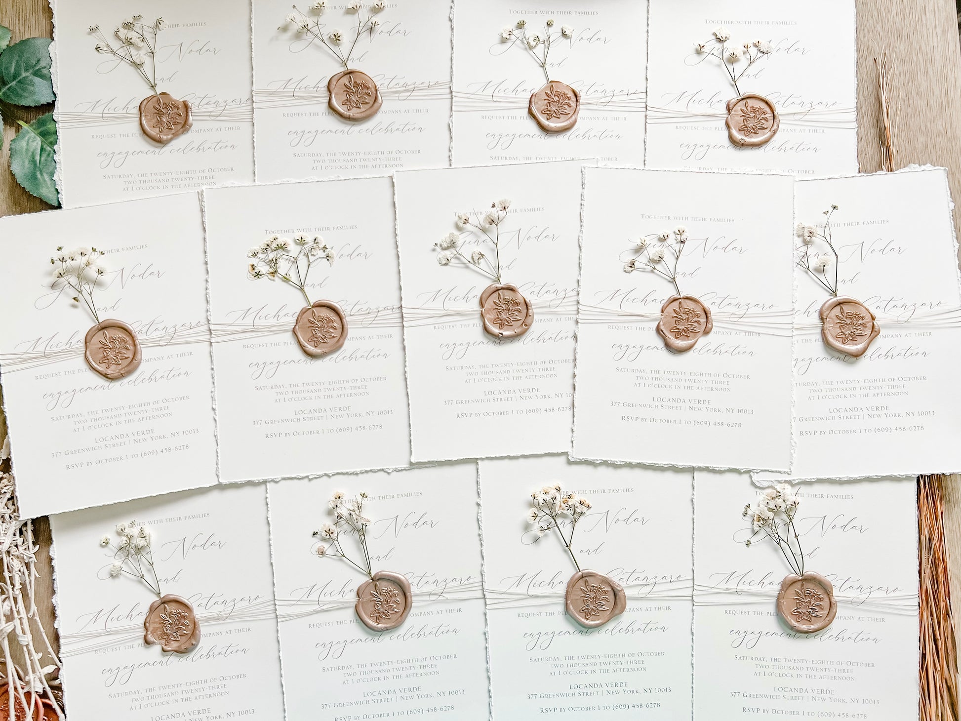 Elegant Ivory Baby’s Breath Wedding Invitation with Deckled Edging, Khaki Thread and Wax Seal