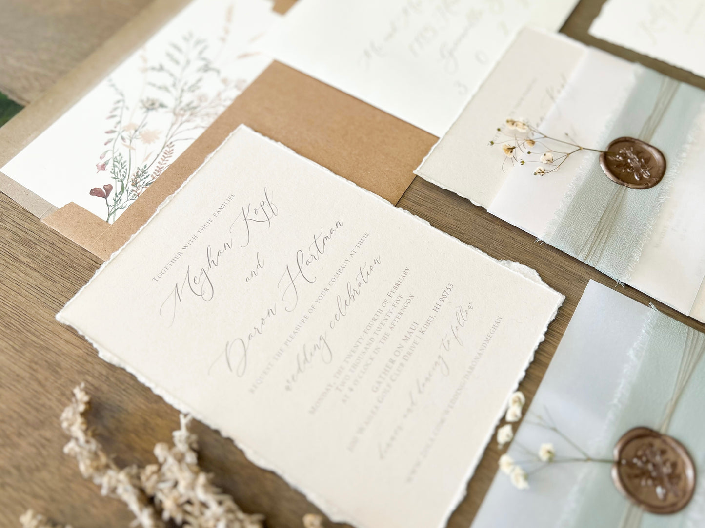 Muted Sage Green Wedding Invitation with Deckled Edging, Vellum Belly Band, Chiffon Ribbon, Dried Baby’s Breath and Wax Seal