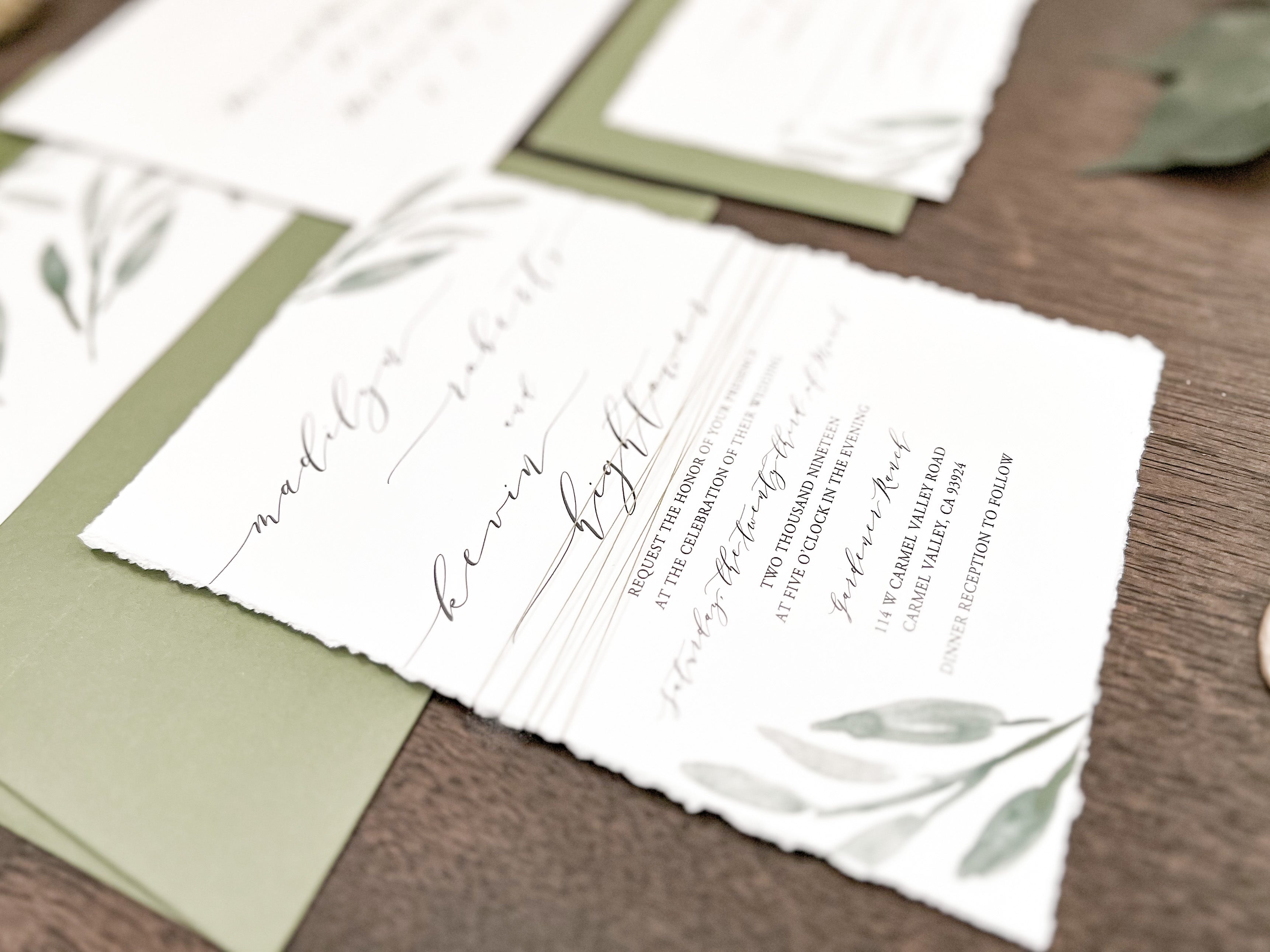 Greenery Wedding Invitation Wrapped in Thread