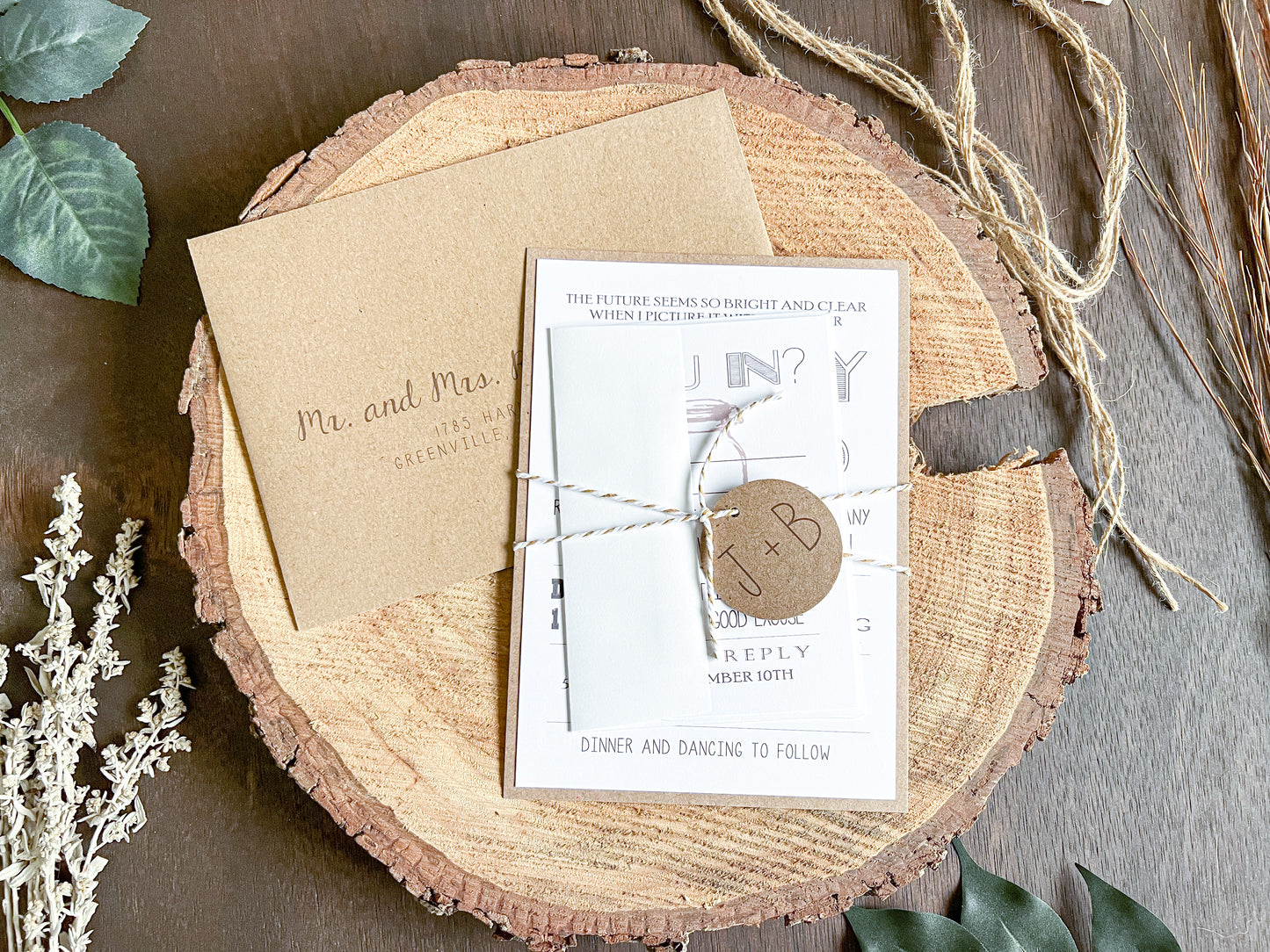 Country Farm Barn Wedding Invitation with Twine and Round Monogram Tag