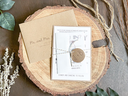 Country Farm Barn Wedding Invitation with Twine and Round Monogram Tag