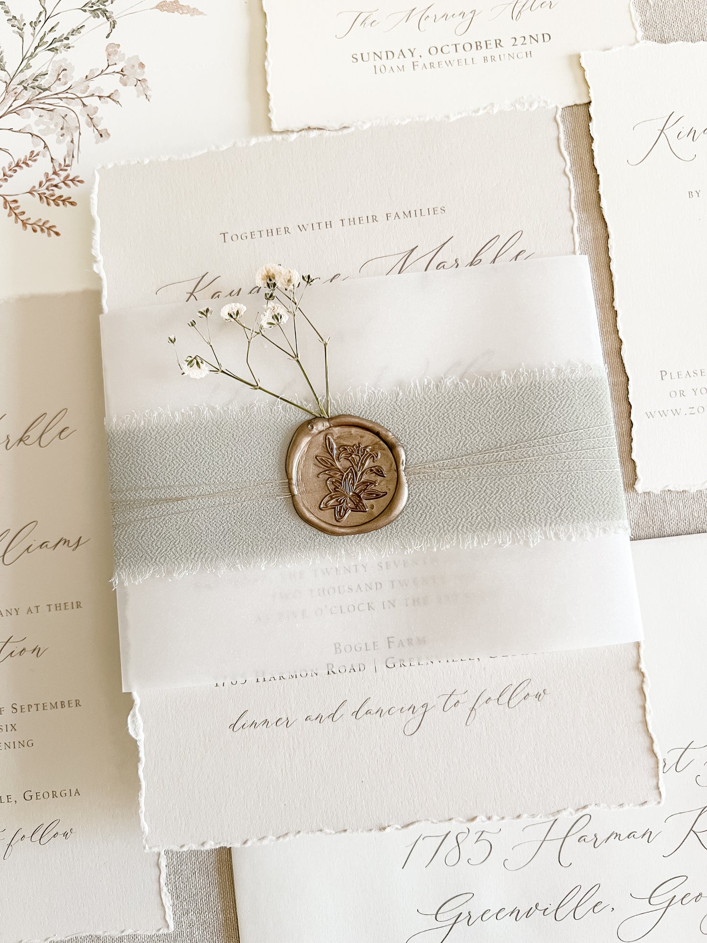 Muted Sage Green Wedding Invitation with Deckled Edging, Vellum, Ribbon, Baby’s Breath and Wax Seal