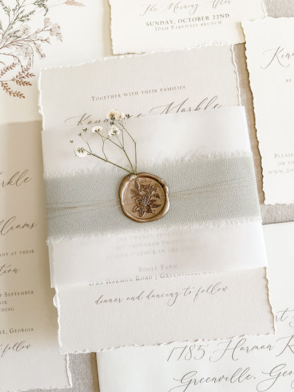 Muted Sage Green Wedding Invitation with Deckled Edging, Vellum, Ribbon, Baby’s Breath and Wax Seal