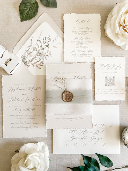 Muted Sage Green Wedding Invitation with Deckled Edging, Vellum, Ribbon, Baby’s Breath and Wax Seal