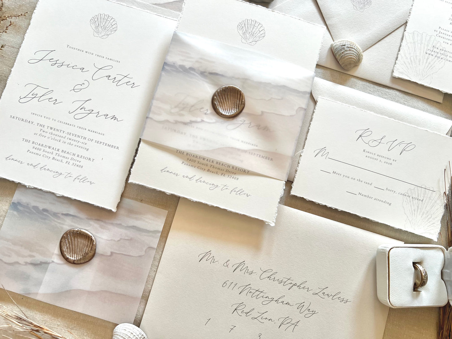 Ocean Waves Beach Wedding Invitation with Vellum & Wax Seal
