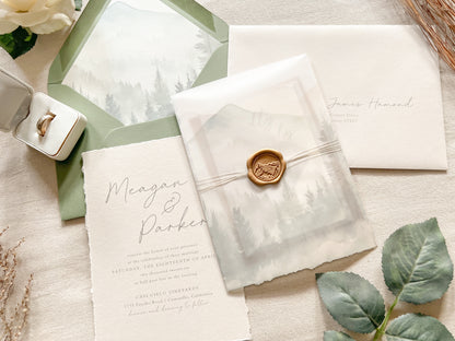 Mountain Wedding Invitation with Vellum, Deckled Edge & Wax Seal