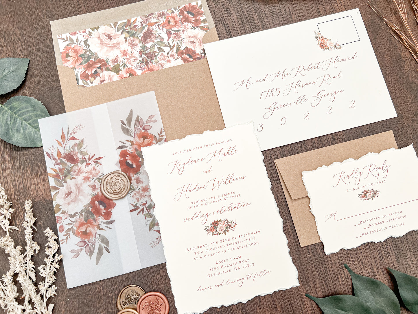 Boho Wedding Invitation with Copper, Rust Burnt Orange Flowers, Deckled Edging, Vellum & Wax Seal