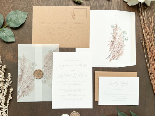 Pampas Grass with Eucalyptus Vellum Wedding Invitation with Wax Seal and Deckled Edging