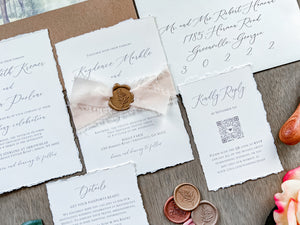 Old Money Wedding Invitation with Deckled Edging, Chiffon Ribbon and Wax Seal