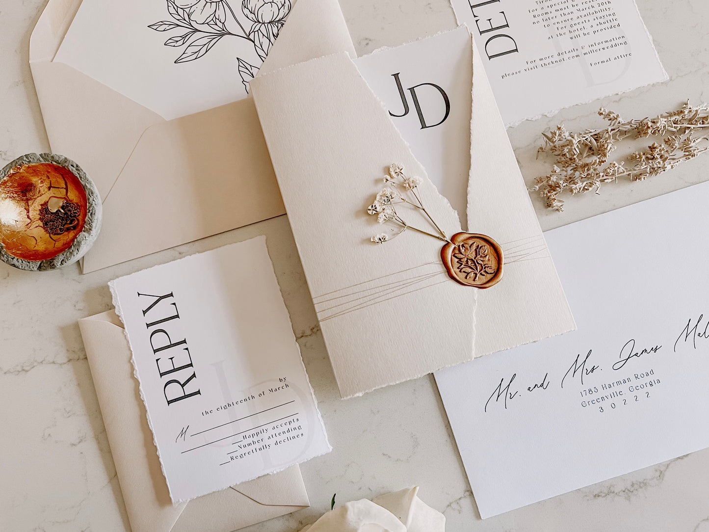 Trifold Monogram Wedding Invitation with Baby’s Breath, Wrap & Wax seal