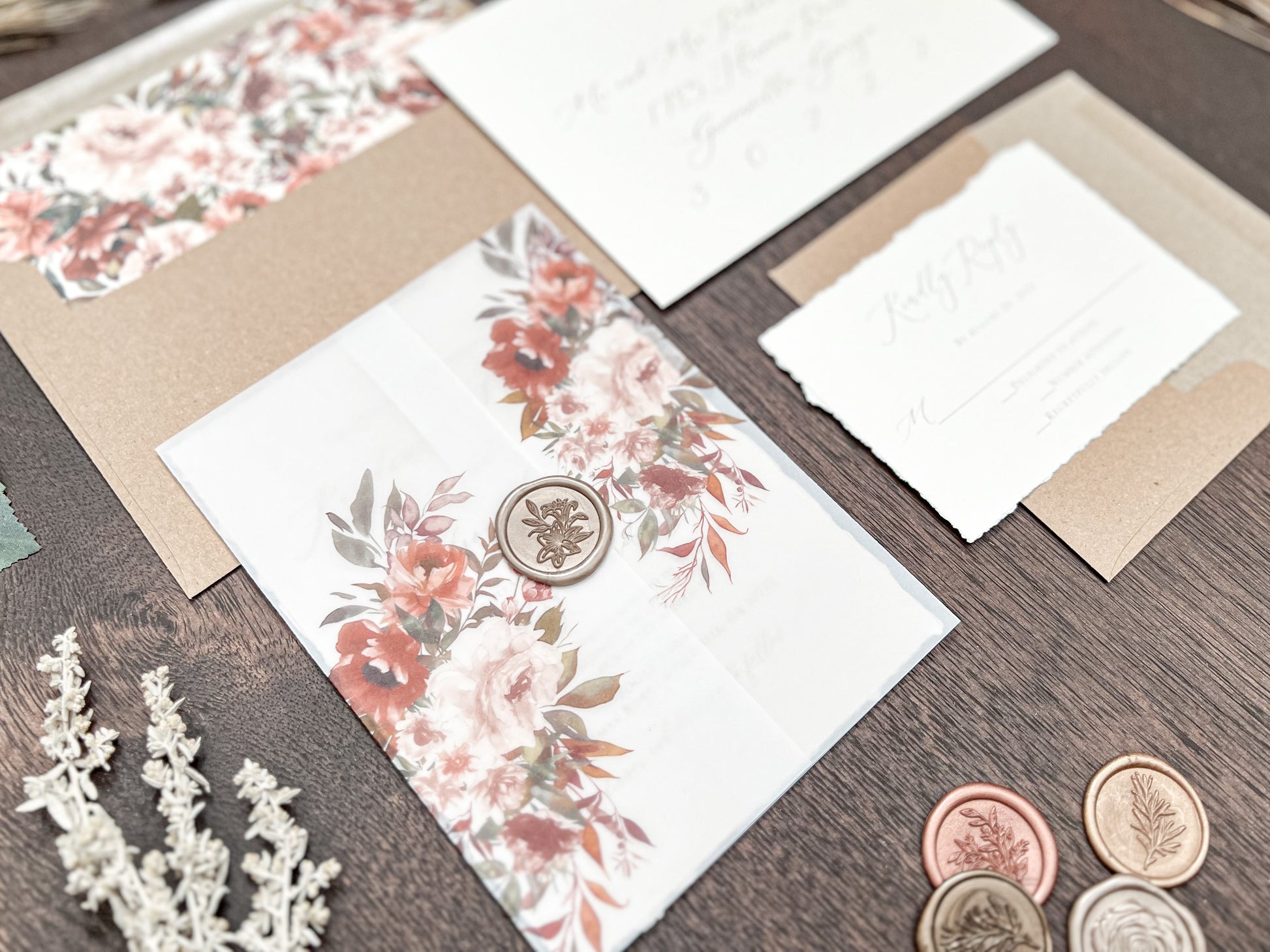 Boho Floral Wedding Invitation with Deckled Edging, Vellum & Wax Seal
