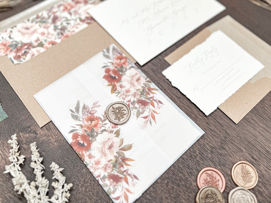 Boho Floral Wedding Invitation with Deckled Edging, Vellum & Wax Seal