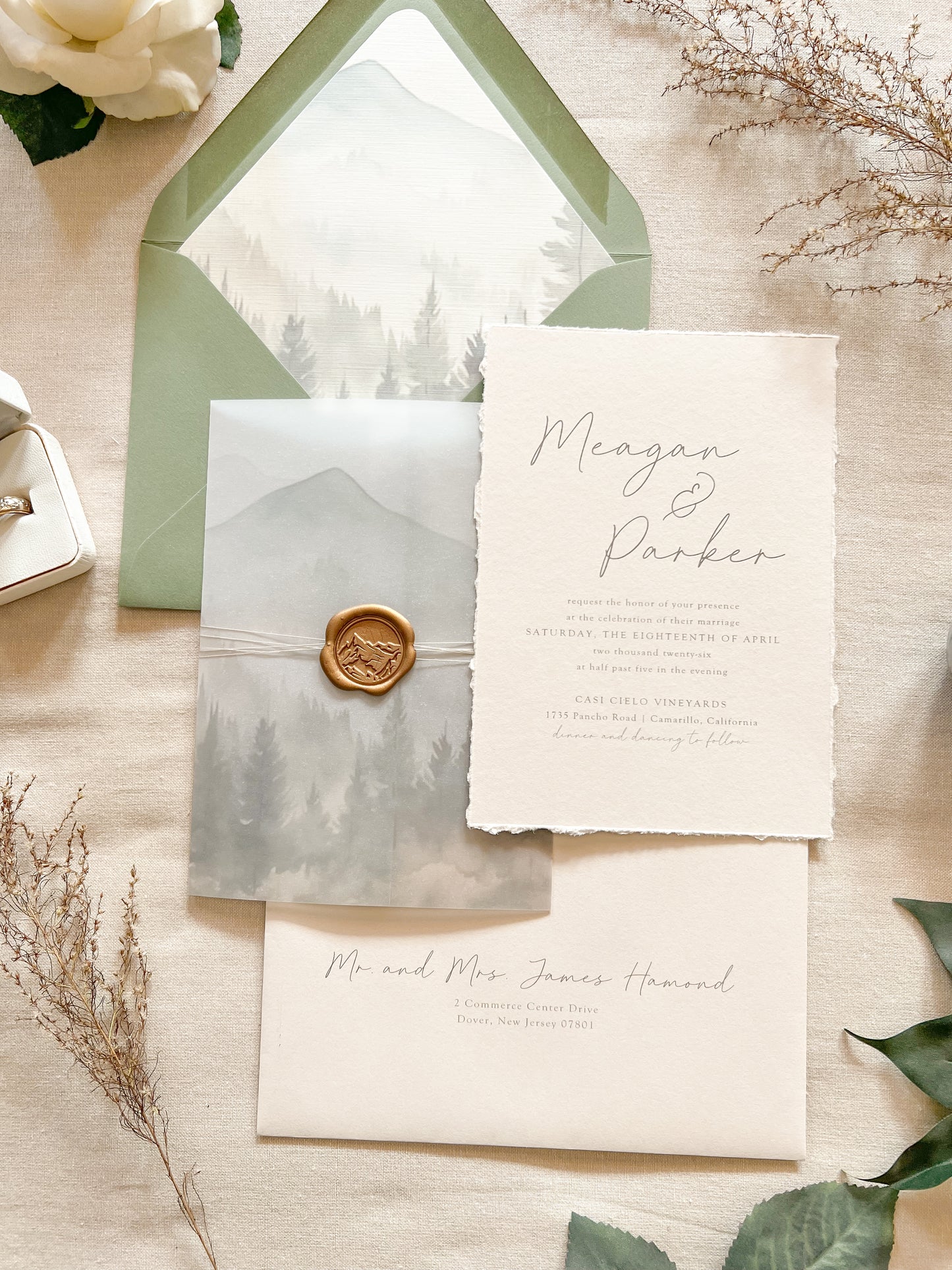 Mountain Wedding Invitation with Vellum, Deckled Edge & Wax Seal