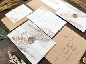 Pampas Grass and Baby’s Breath Wedding Invitation with Deckled Edge, Boho Vellum with Wax Seal