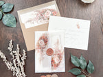 Pampas & Copper Foliage Boho Wedding Invitation with Deckled Edging, Vellum & Wax Seal