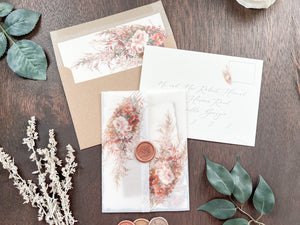 Pampas & Copper Foliage Boho Wedding Invitation with Deckled Edging, Vellum & Wax Seal