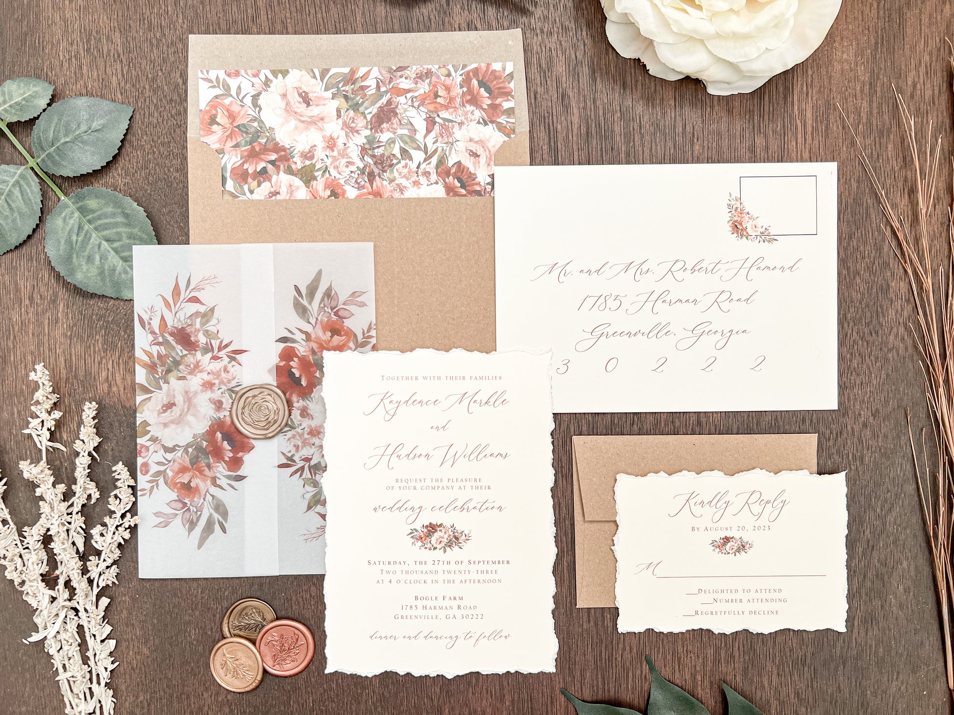 Boho Wedding Invitation with Copper, Rust Burnt Orange Flowers, Deckled Edging, Vellum & Wax Seal