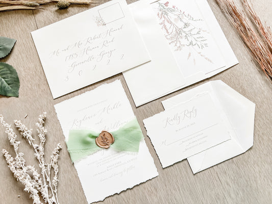Sage Green Ribbon Wedding Invitation with Deckled Edging, Chiffon Ribbon & Antique Gold Wax Seal