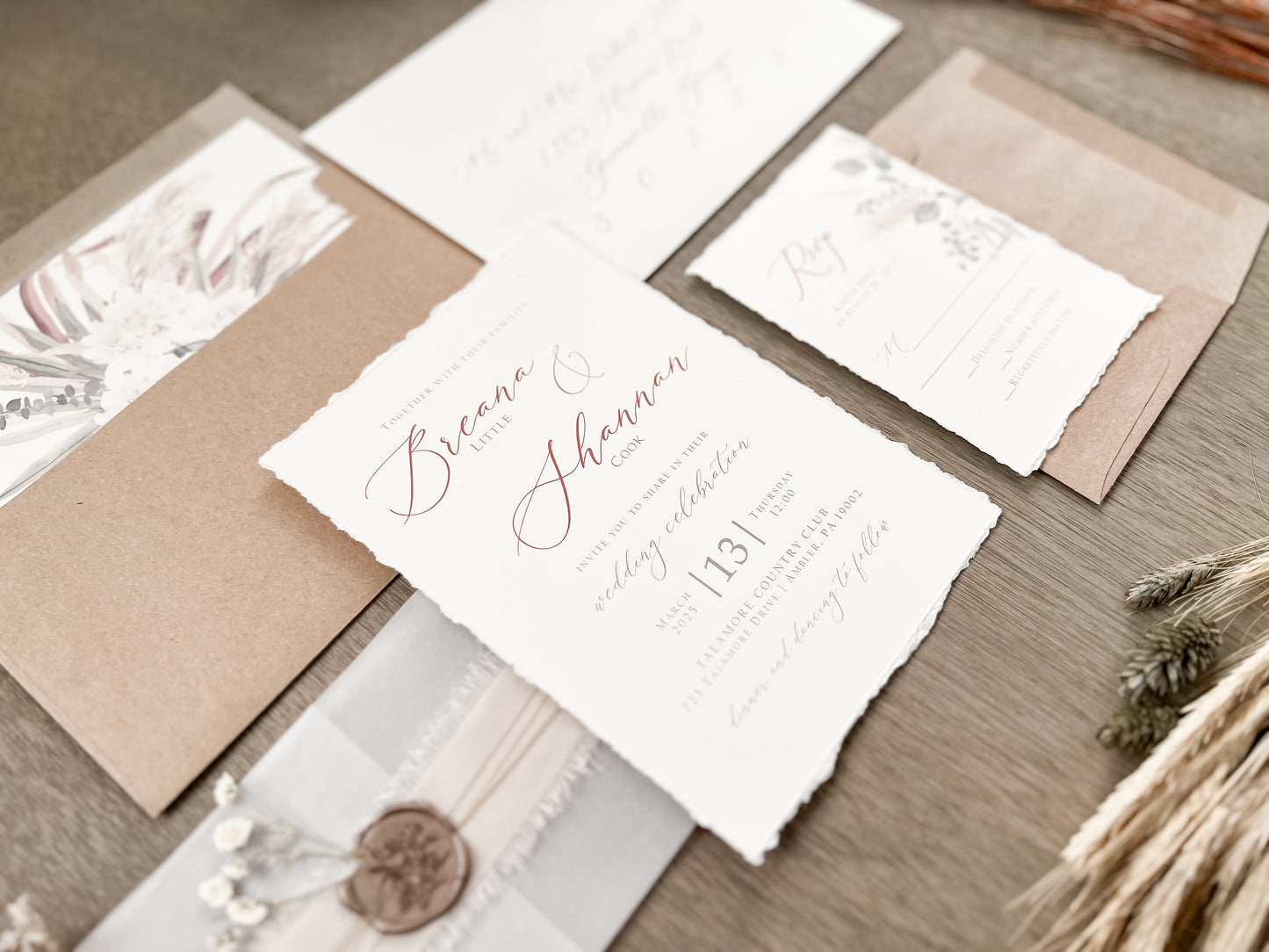 Floral Pampas Grass Wedding Invitation with Deckled Edging, Vellum Belly Band, Chiffon Ribbon, Dried Baby’s Breath and Wax Seal