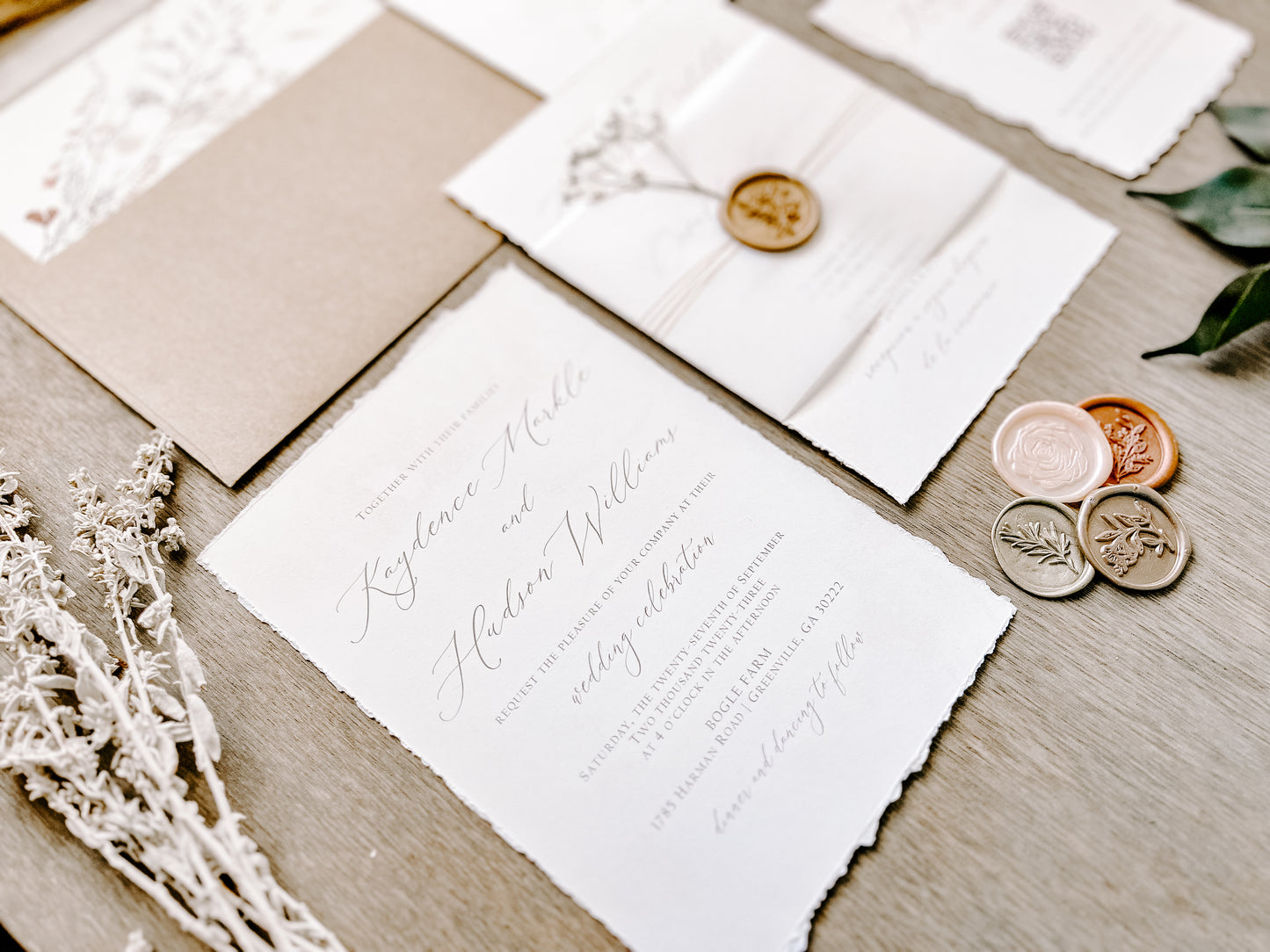 Vintage Ivory Baby’s Breath Wedding Invitation with Deckled Edging, Vellum Belly Band and Wax Seal