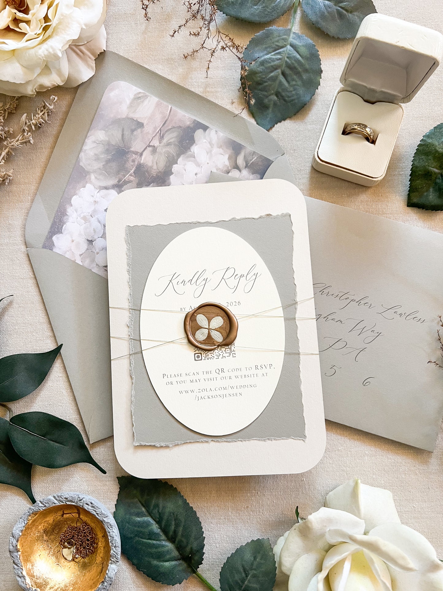 Hydrangea Wedding Invitation with Wax Seal