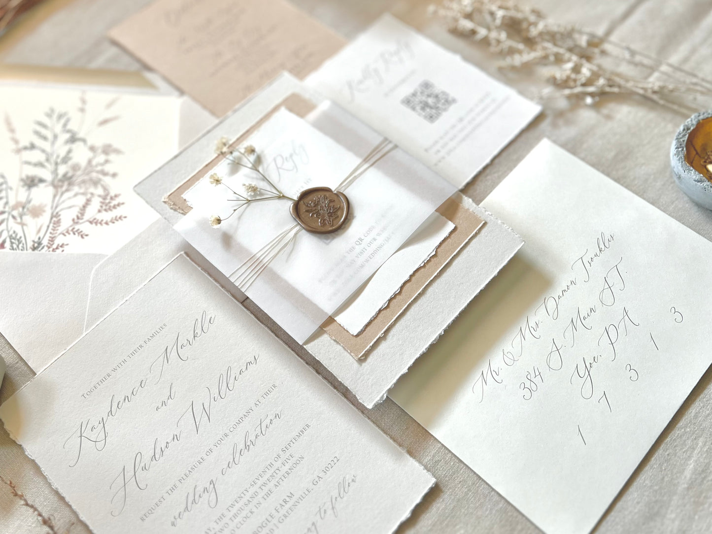 Neutral Baby’s Breath Wedding Invitation with Deckled Edging, Vellum and Wax Seal