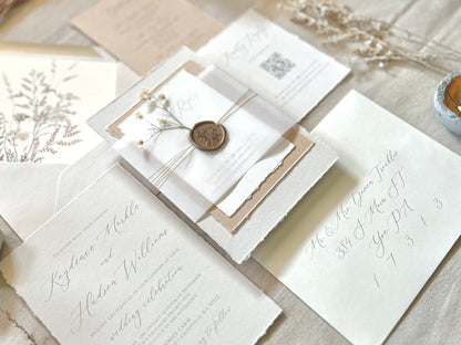 Neutral Baby’s Breath Wedding Invitation with Deckled Edging, Vellum and Wax Seal