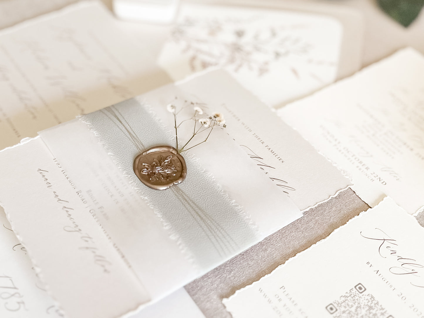 Muted Sage Green Wedding Invitation with Deckled Edging, Vellum, Ribbon, Baby’s Breath and Wax Seal