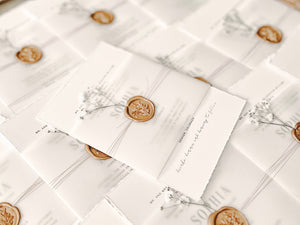 Contemporary Ivory Wedding Invitation with Baby’s Breath, Deckled Edging, Vellum Belly Band and Wax Seal