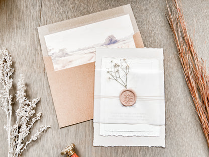Neutral Wedding Invitation with Baby’s Breath, Deckled Edging, Vellum Belly Band and Wax Seal