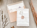 Neutral Wedding Invitation with Baby’s Breath, Deckled Edging, Vellum Belly Band and Wax Seal
