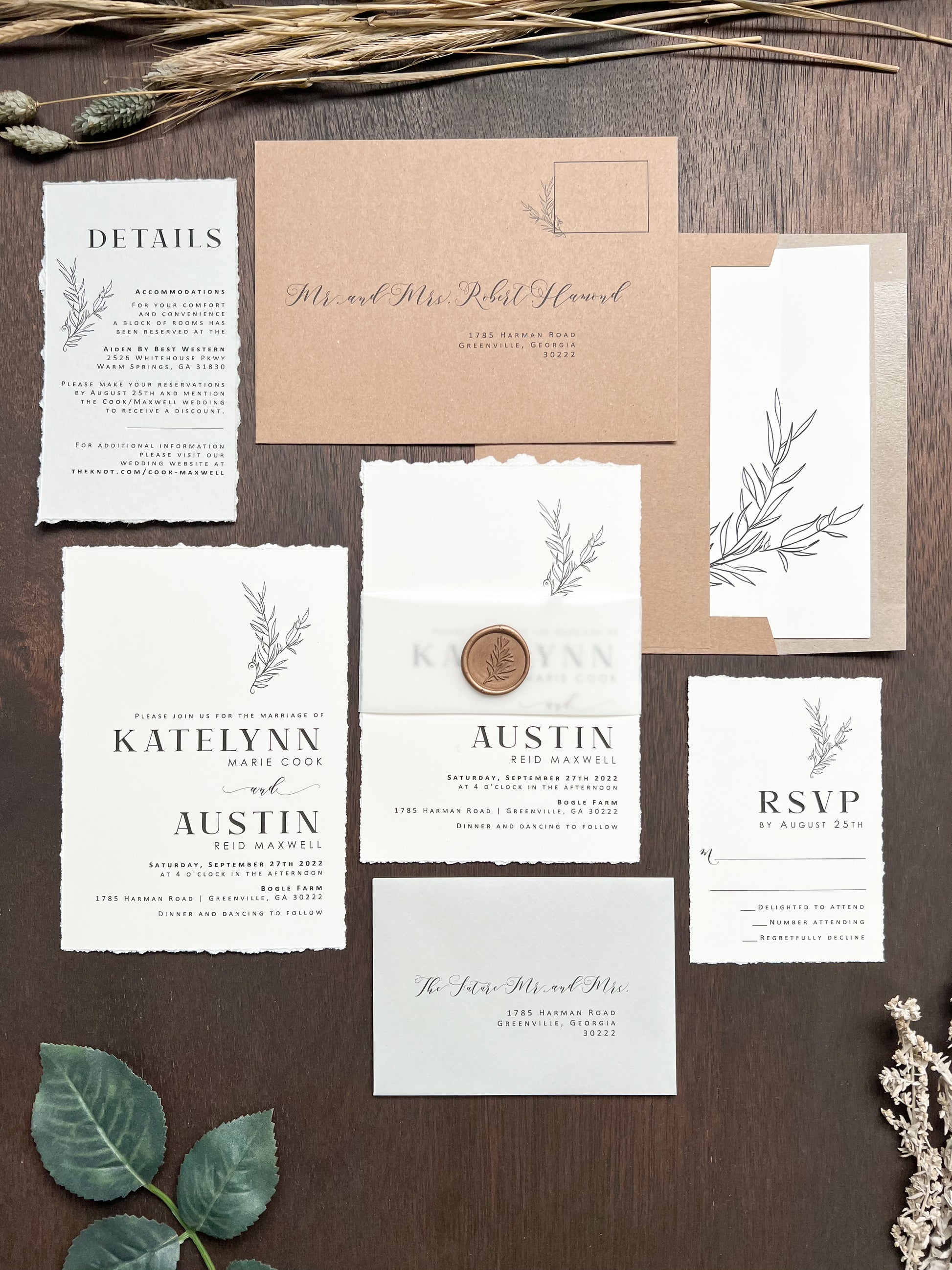 Contemporary Boho Wedding Invitation with Deckled Edging, Vellum and Wax Seal