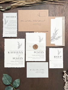 Contemporary Boho Wedding Invitation with Deckled Edging, Vellum and Wax Seal