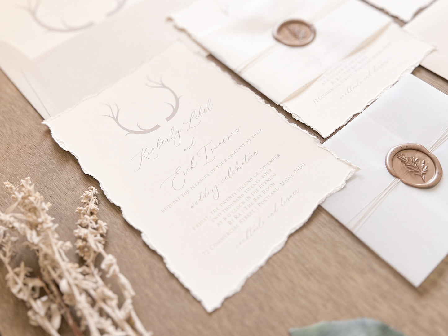 Antler Wedding Invitation with Deckled Edging, Vellum Belly Band and Wax Seal