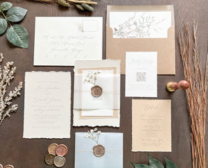 Elegant Beige Baby’s Breath Wedding Invitation with Deckled Edging, Vellum Belly Band and Wax Seal