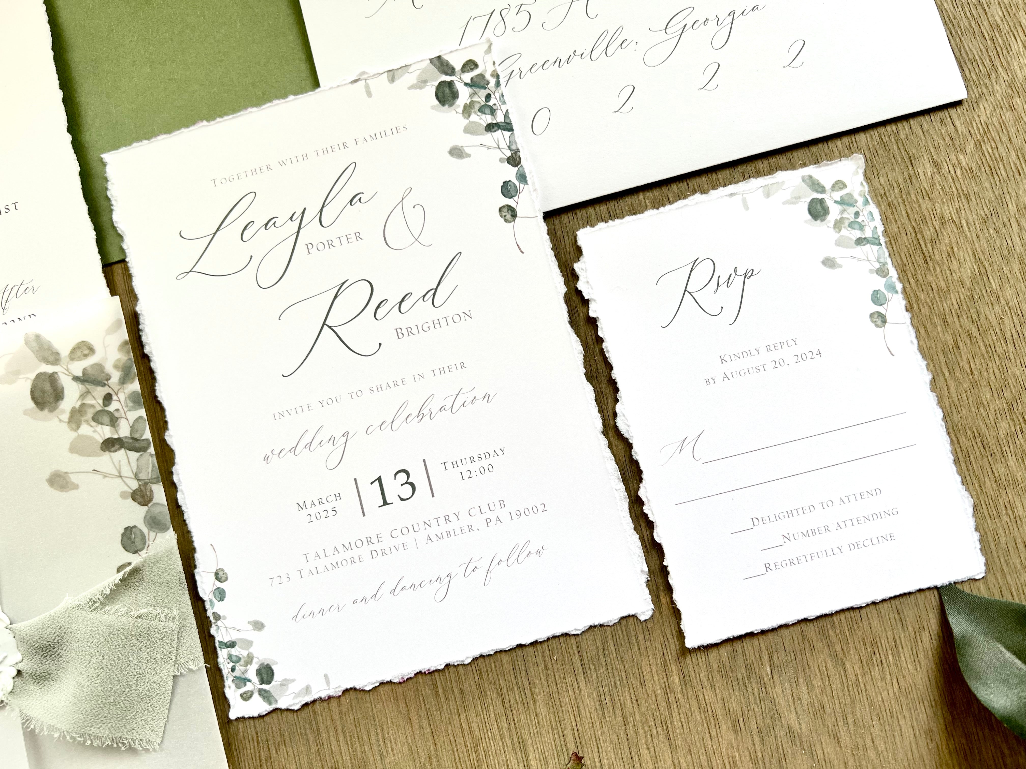 Greenery Vellum Wedding Invitation with Ribbon, Wax Seal & Deckled Edge