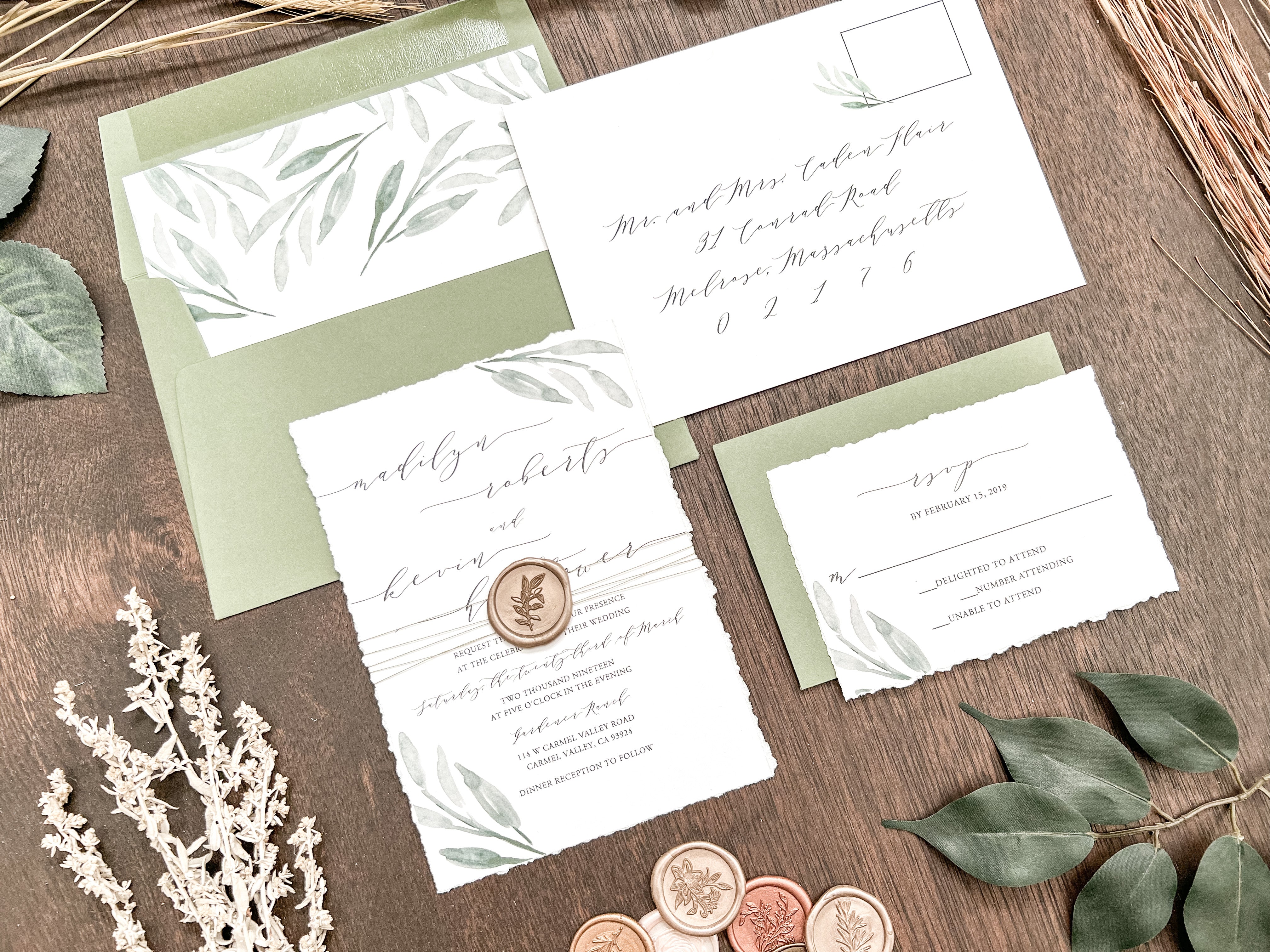 Greenery Deckled Edge Wedding Invitation with Wax Seal & Thread