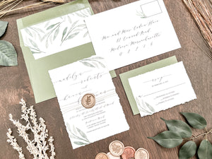 Greenery Deckled Edge Wedding Invitation with Wax Seal & Thread